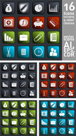 Icons on Square Black, Red, Green and Blue Button